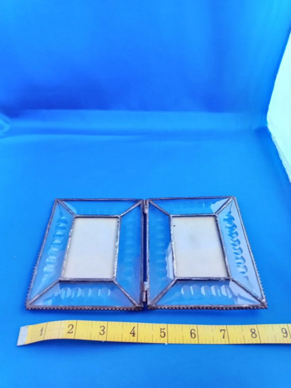 Vintage cut clear glass metal edged folding 2 part picture frame 2''x3'' picture